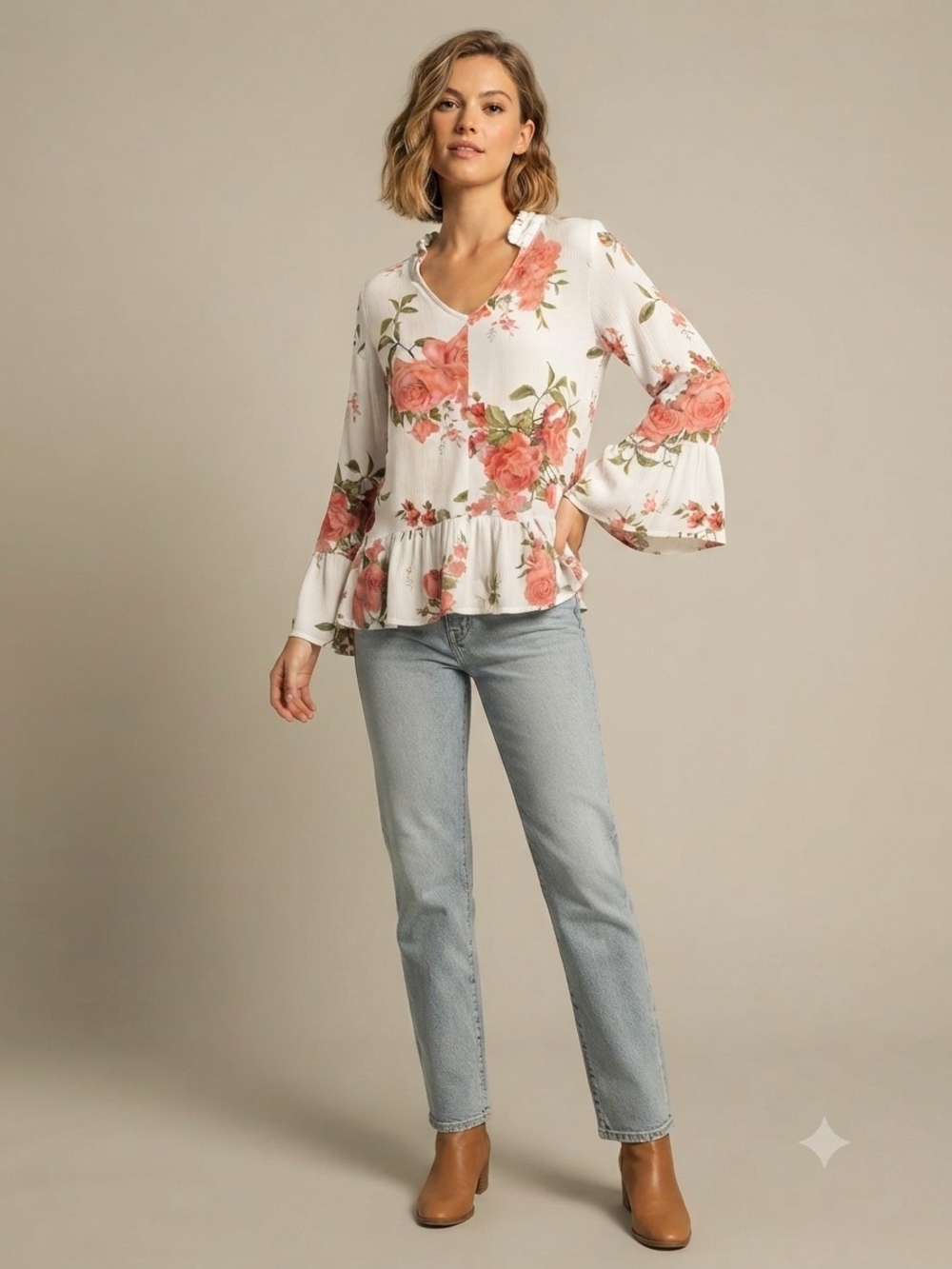 ​Wanderlux Floral Rose Boho Bell Sleeve Peplum Blouse L